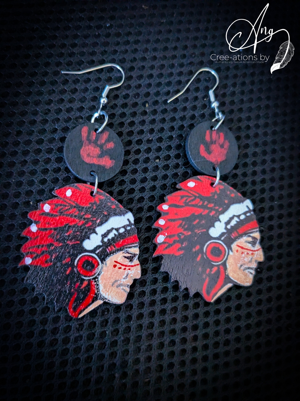 Native Chief Red Handprint Wood Drop Earrings